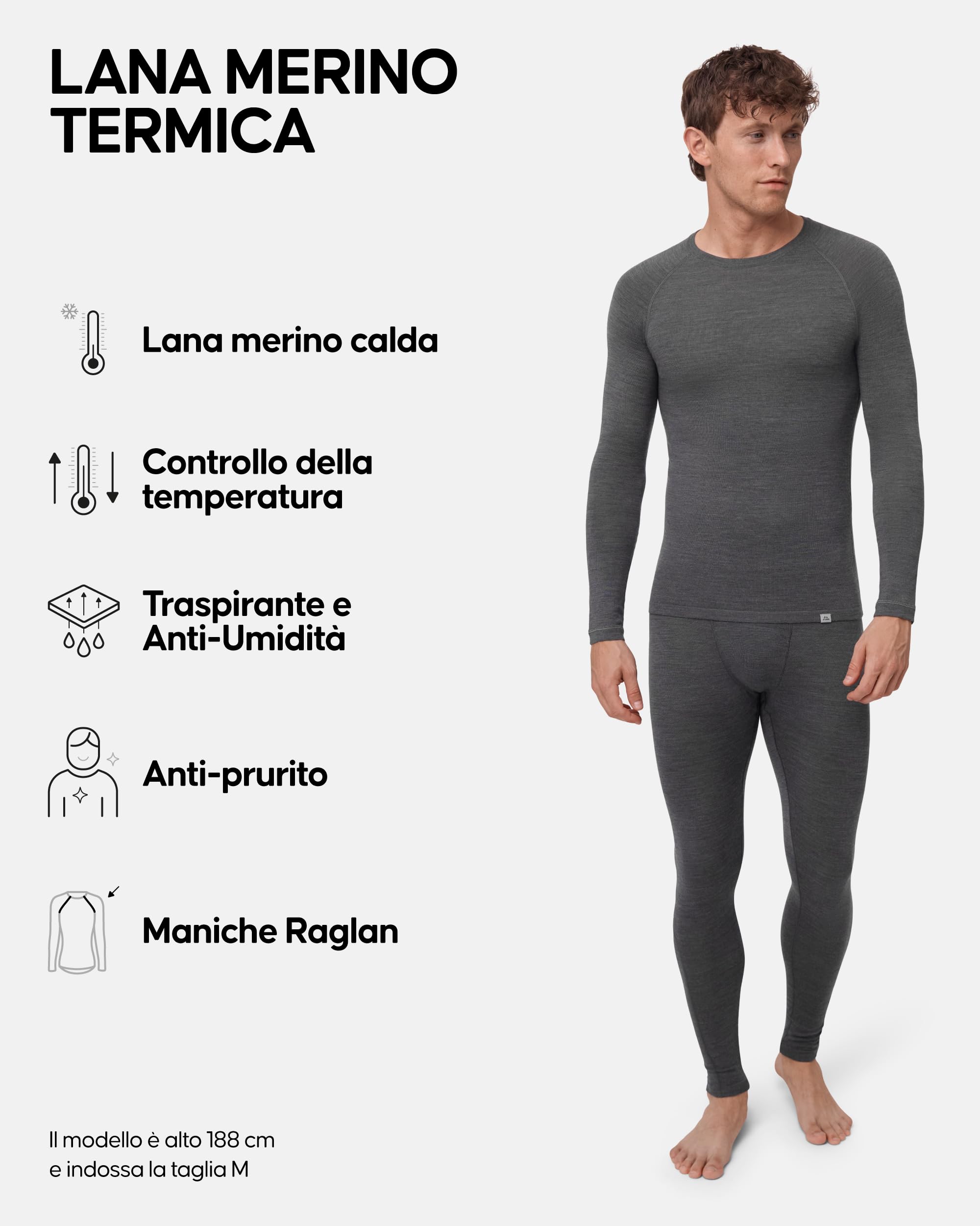 DANISH ENDURANCE Intimo Termico Uomo Lana Merino, Maglia Termica Uomo e Pantaloni Termici, Calzamaglia Termica Uomo Invernale per Sci, Trekking