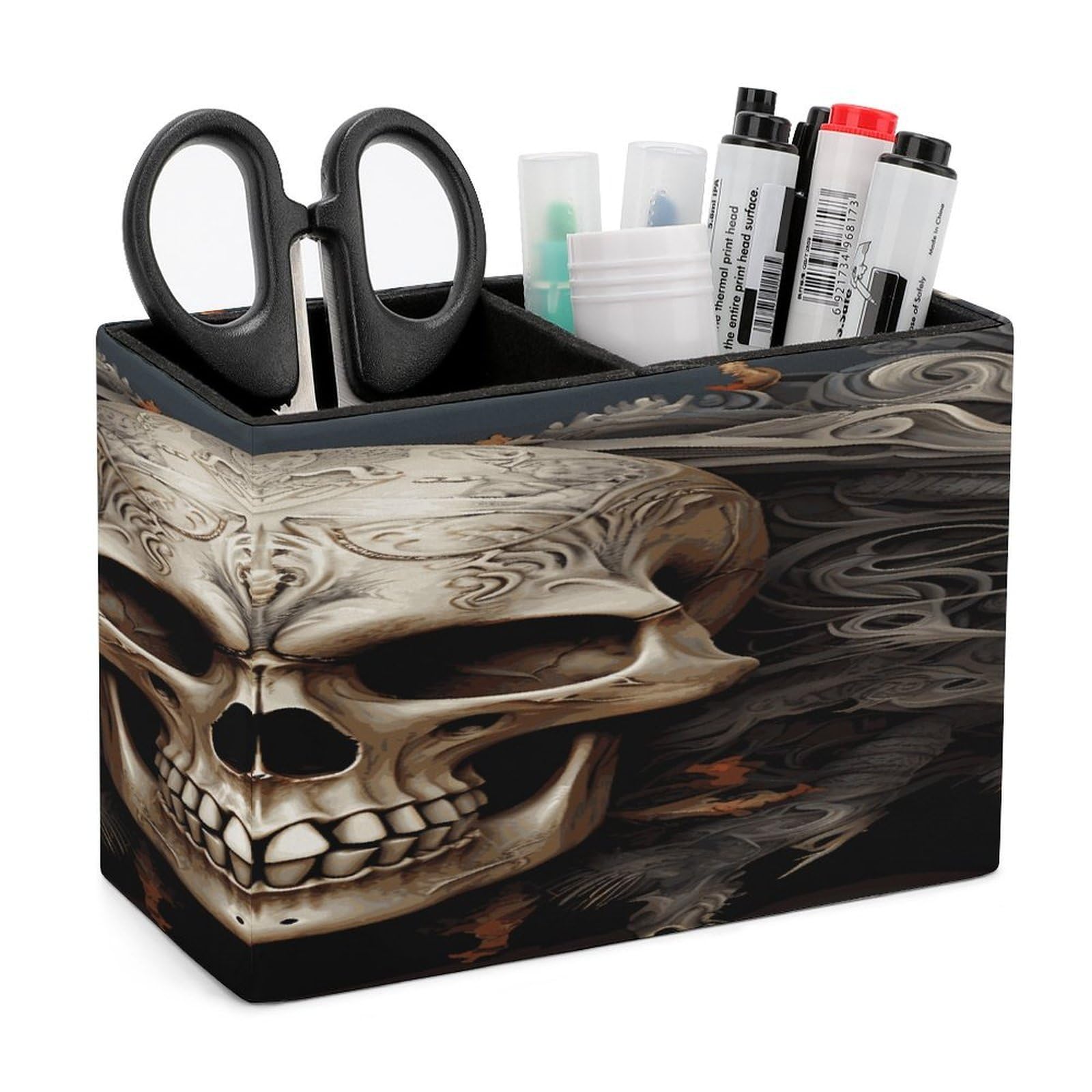 LDGSUPH Skulls Leather Pen Holder for Desk Organizer Caddy Large Pencil Cup Multi-function Pencil Holder Makeup Brush Holders Pen Organizer for Home Office Storage Box
