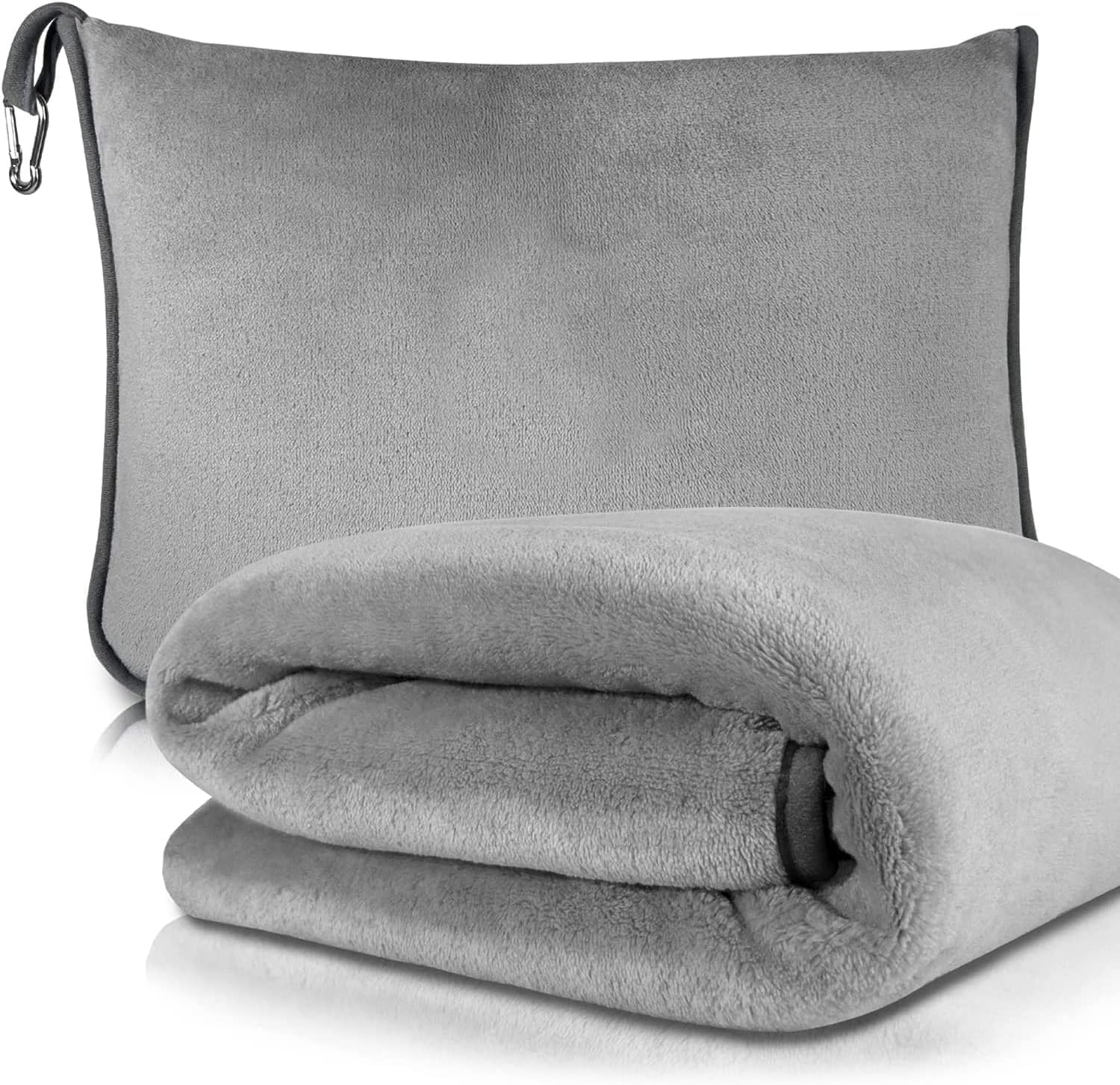 Premium Soft Travel Blanket Pillow Airplane Flight Blanket throw in Soft Bag Pillow case with Hand Luggage Belt and Backpack Clip Compact Pack Large Blanket for Travel Grey Color