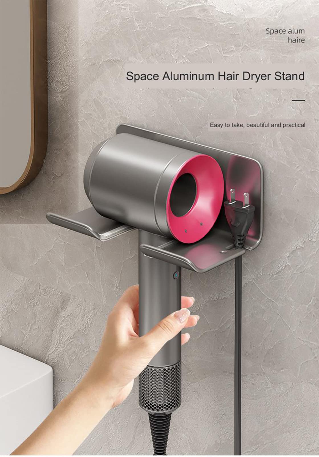 Soporte secador de Pelo de Pared sin Taladrar, Colgador para la mayoría de secadores (Gris)