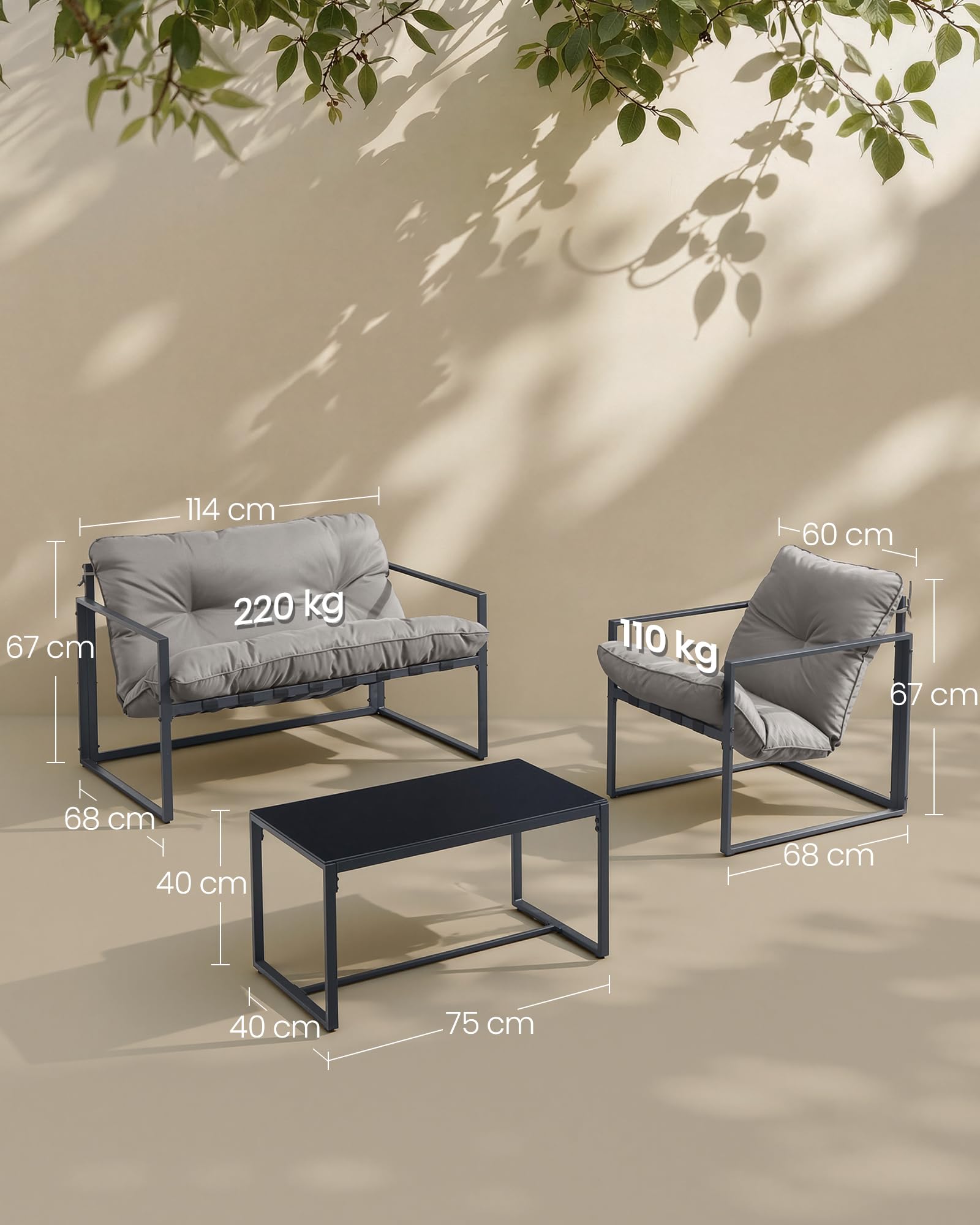 SONGMICS Salon de Jardin Extérieur 4 Pièces, Meuble de Jardin, 2 Fauteuils, 1 Table, 1 Banquette, Acier, Coussins Rembourrés, pour Terrasse, Balcon, Gris GGF040GZ01