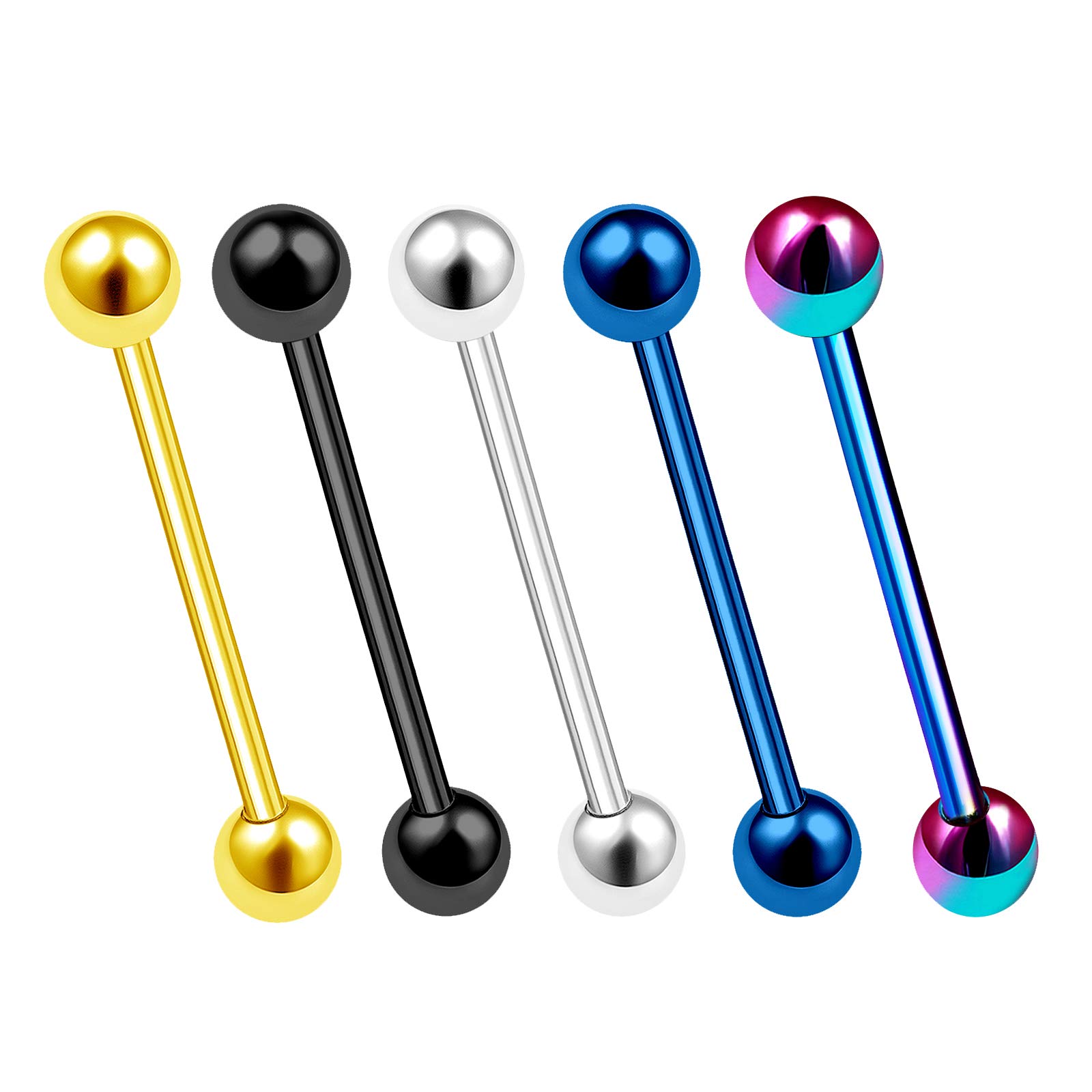 MATIGA5Pcs Surgical Steel Anodized 14 Gauge Tongue Bars Piercing Jewelry Nipple ST BK BL RB GD 5mm Ball More Choices