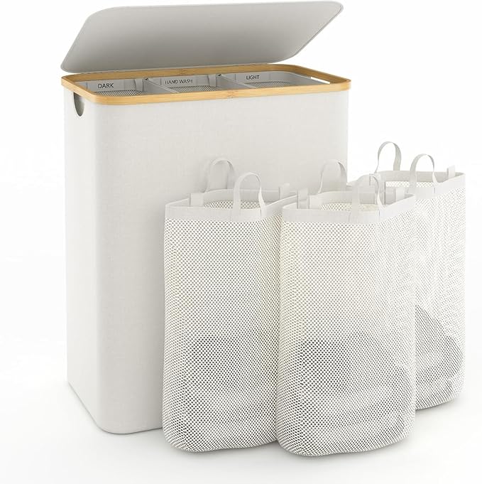 Laundry Hamper with Lid, 160L Extra Large Laundry Basket 3 Section Dirty Clothes Hamper for Laundry with Removable Laundry Bags, Hampers for Bedroom, Laundry Room, Beige