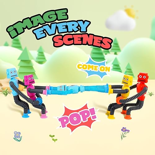 Miniatura 2 de Ochine Paquete de 4 juguetes robóticos telescópicos con ventosa, juguetes para ansiedad que cambian de forma para niños pequeños, tubos de