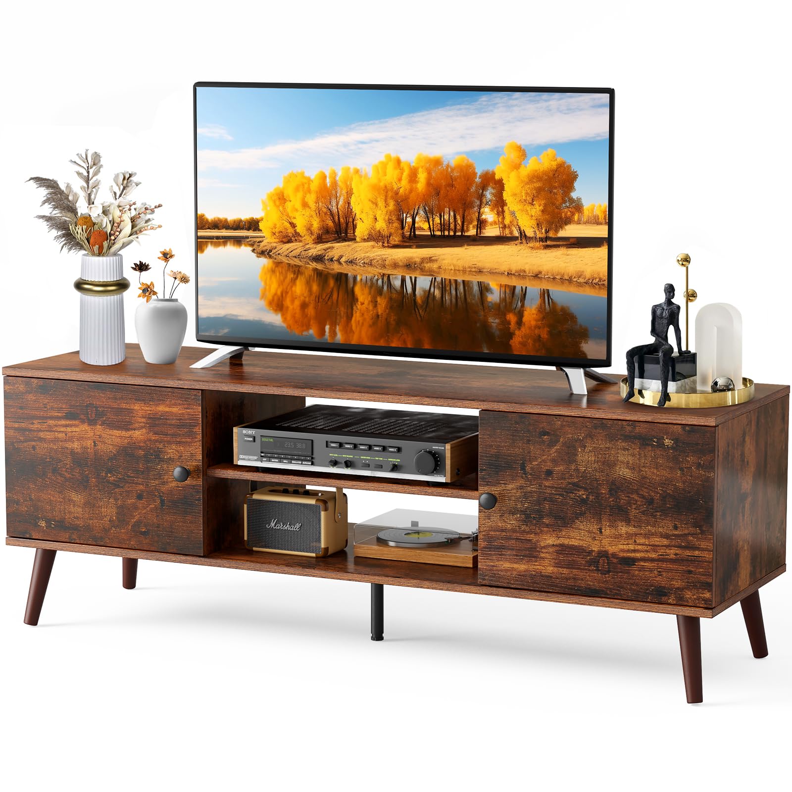 dumos tv stand for 55 60 inch tv, entertainment center with storage cabinet, mid century vintage media console table, adjustable hinge, wooden television furniture for living room, office