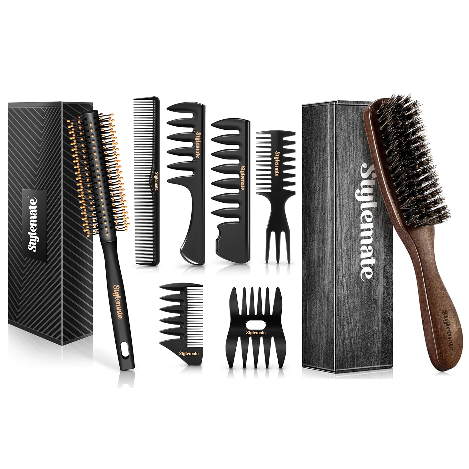 Hair Styling Combs and Brush Set For Men, Boar Bristle Hair Brush Beard Brush for Smoothing & Detangling, Mens Styling Combs For Quiff, Pompadour, Slicked-back, Fauxhawk, Undercut