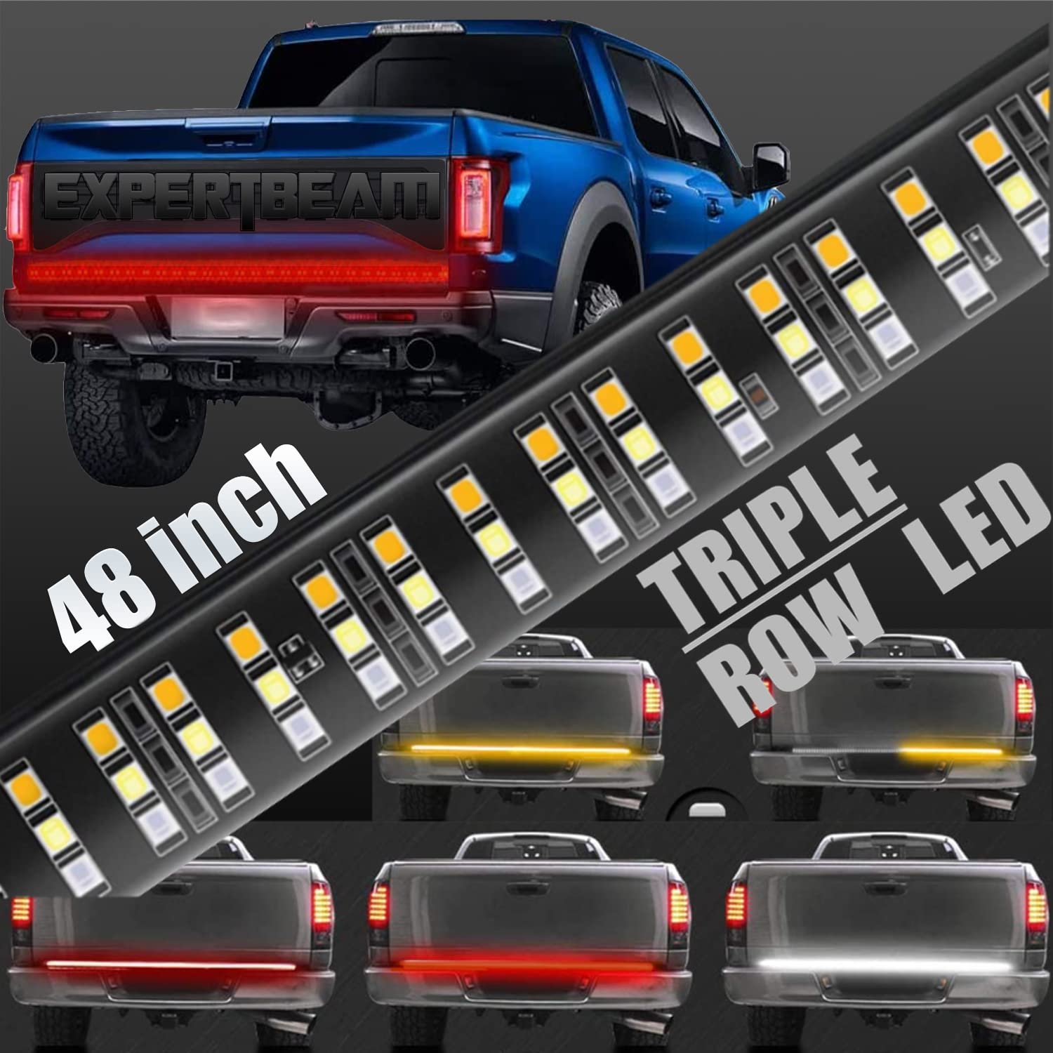 EXPERTBEAM Tailgate Light Bar 48 Inch Triple Row LED Full Function Tailgate Light Bar Turn Signal, Parking, Brake, Reverse Lights for Truck Trailer Pickup Jeep RV Van Dodge Ram Chevy GMC