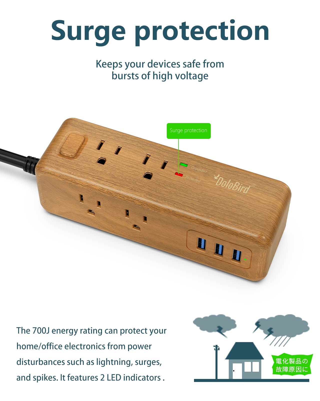Protezione contro le sovratensioni con 3 porte USB per stazione di ricarica, cavo di prolunga lungo, angolo retto, interruttore piatto, per casa, ufficio, camera da letto