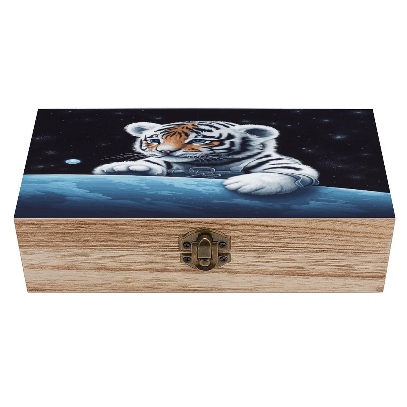 VstaDank Little Tiger in Space Wooden Keepsake Box with Hinged Lid Solid Wood Gift Boxes Beautifully Keepsake Box Jewellery Organiser Retro Memory Treasure Case with Lids Decorative Boxes