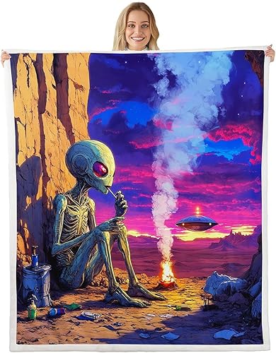 Miniatura 26 de Manta de franela de alienígena, misteriosa nave espacial estrellada con purpurina y planetas de cielo para decoración de habitaciones, manta