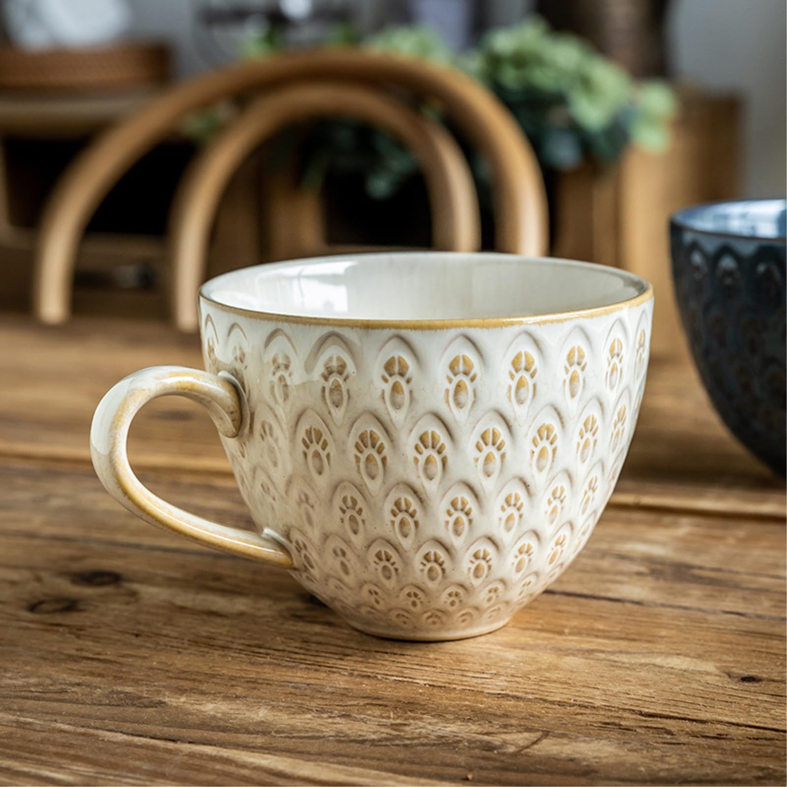 Taza de desayuno a cuadros de 500 ml con esmalte de horno de avena retro de cerámica, 500 ml