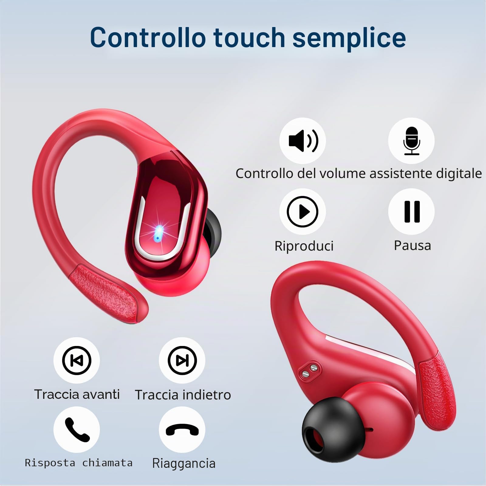 Ltinist Cuffie,Auricolari Bluetooth 5.3 con 3D Stereo HiFi,75H Cuffie Wireless con ENC Riduzione Rumore Mic,IP7 Impermeabili Cuffiette Senza Fili Sport Compatibili Android/iOS,LED Display,Rosso