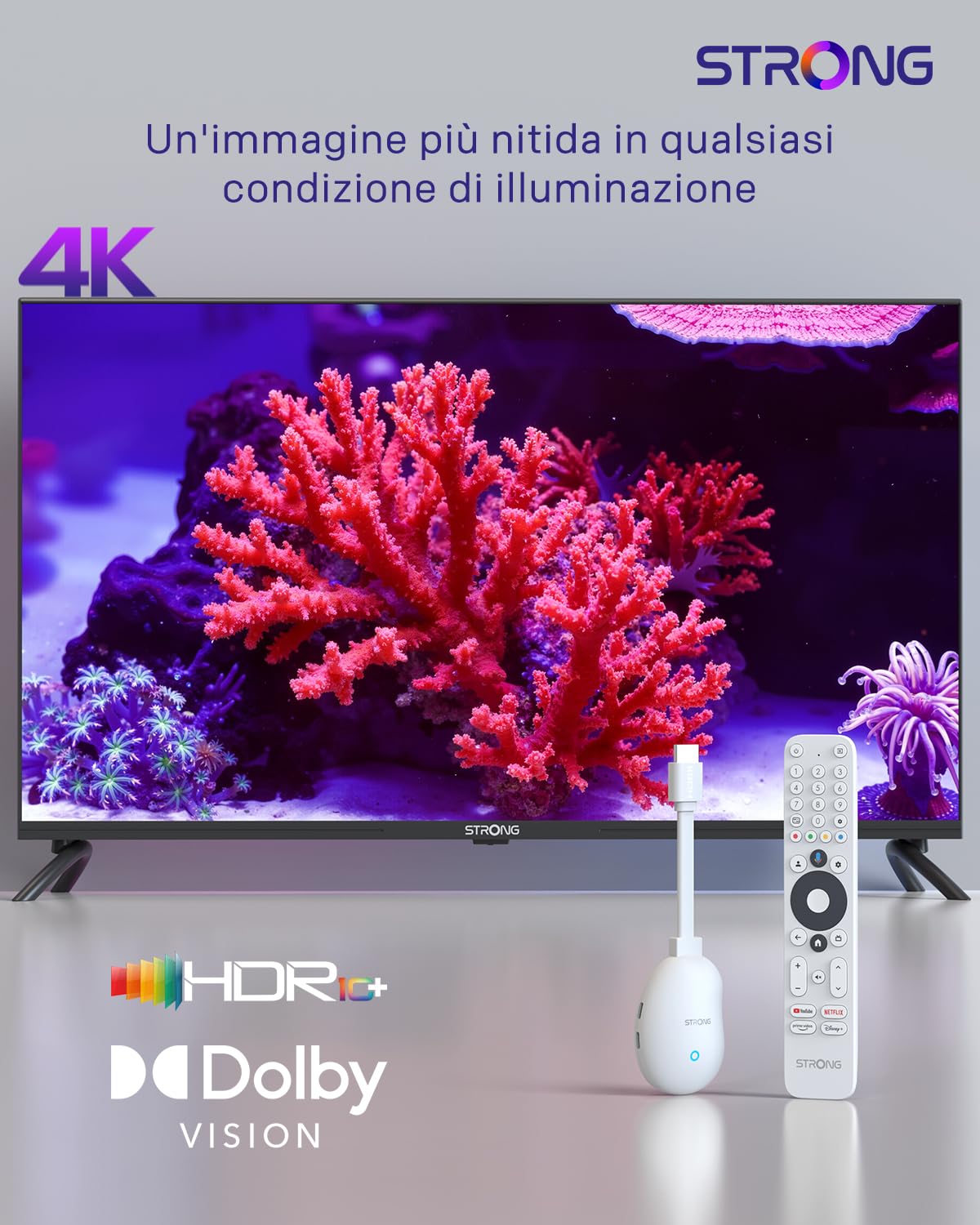 STRONG - 4K UHD Android TV Streaming Box - Leap-Neve - Google TV HDMI Stick - Wi-Fi 6 - Chromecast integrato - Compatibile con il controllo vocale Google - Dolby Vision-Atmos - Bianco