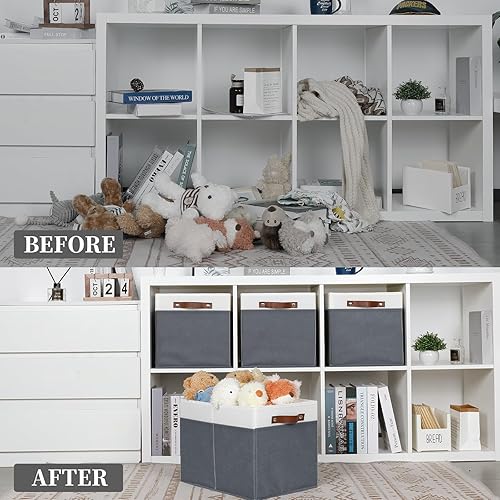 Miniatura 8 de Bidtakay Contenedores grandes de almacenamiento plegables de tela con tablero de plástico, 16 x 12 pulgadas, organizador de cubos con asas, paquete