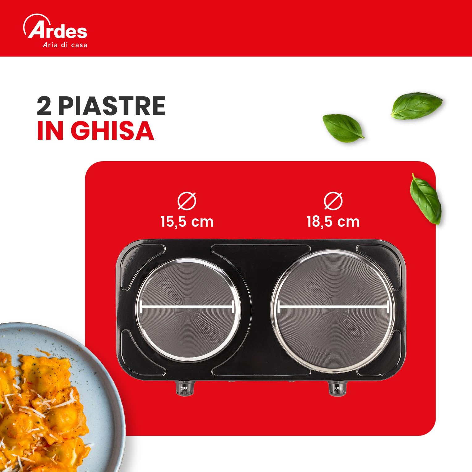 ARDES Hornillo eléctrico para cocinar, de 2500W en acero pintado para Camping y Cocina con 2 Placas de fundición Diámetro 15,5cm y 18 cm y 2 Termostatos Modelo TIKAPPA AR1F21 Negro