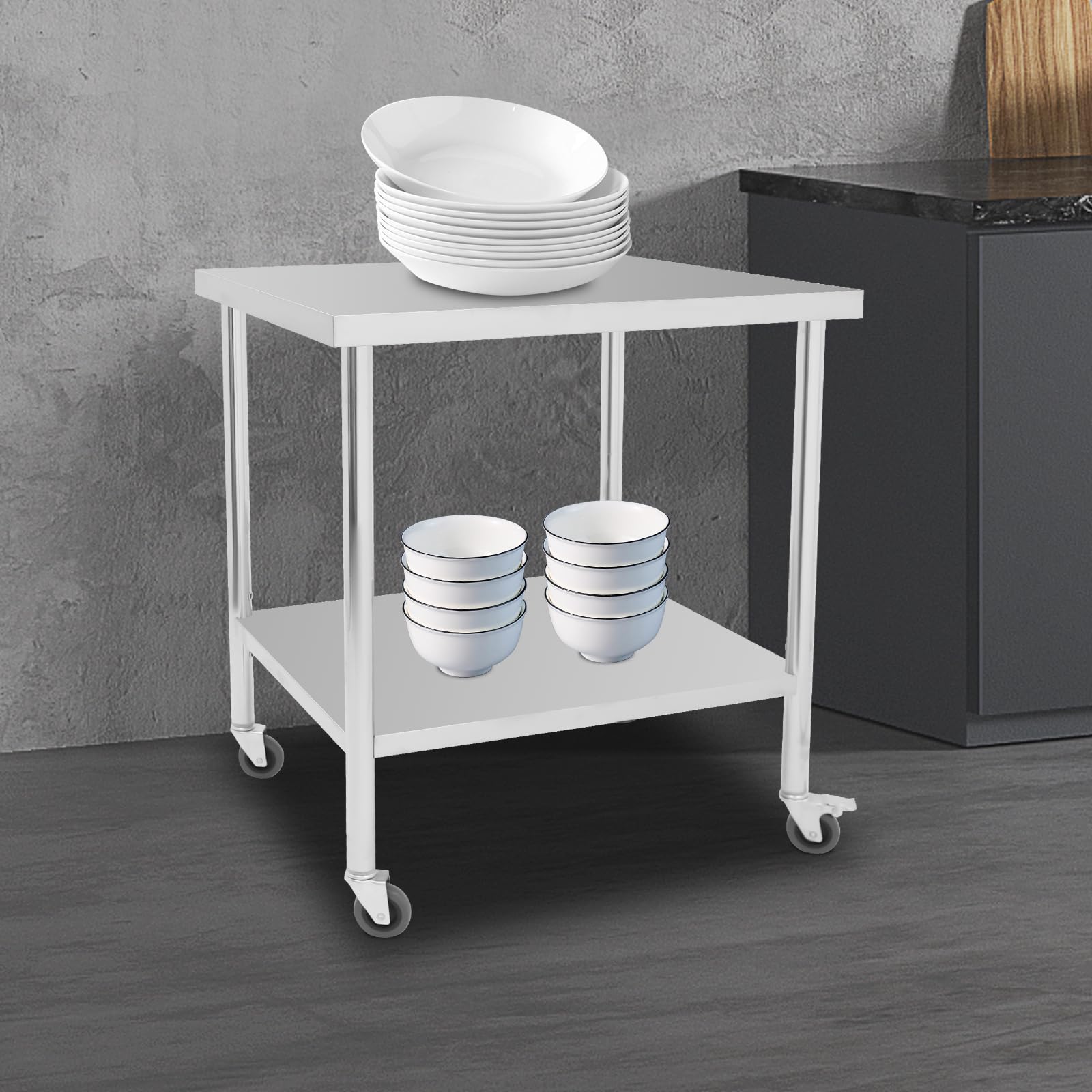 Banco de trabajo de acero inoxidable con ruedas, 76 x 60 x 85 cm, mesa de preparación de alimentos, mesa de trabajo comercial, para cocina, bar, restaurante, plata