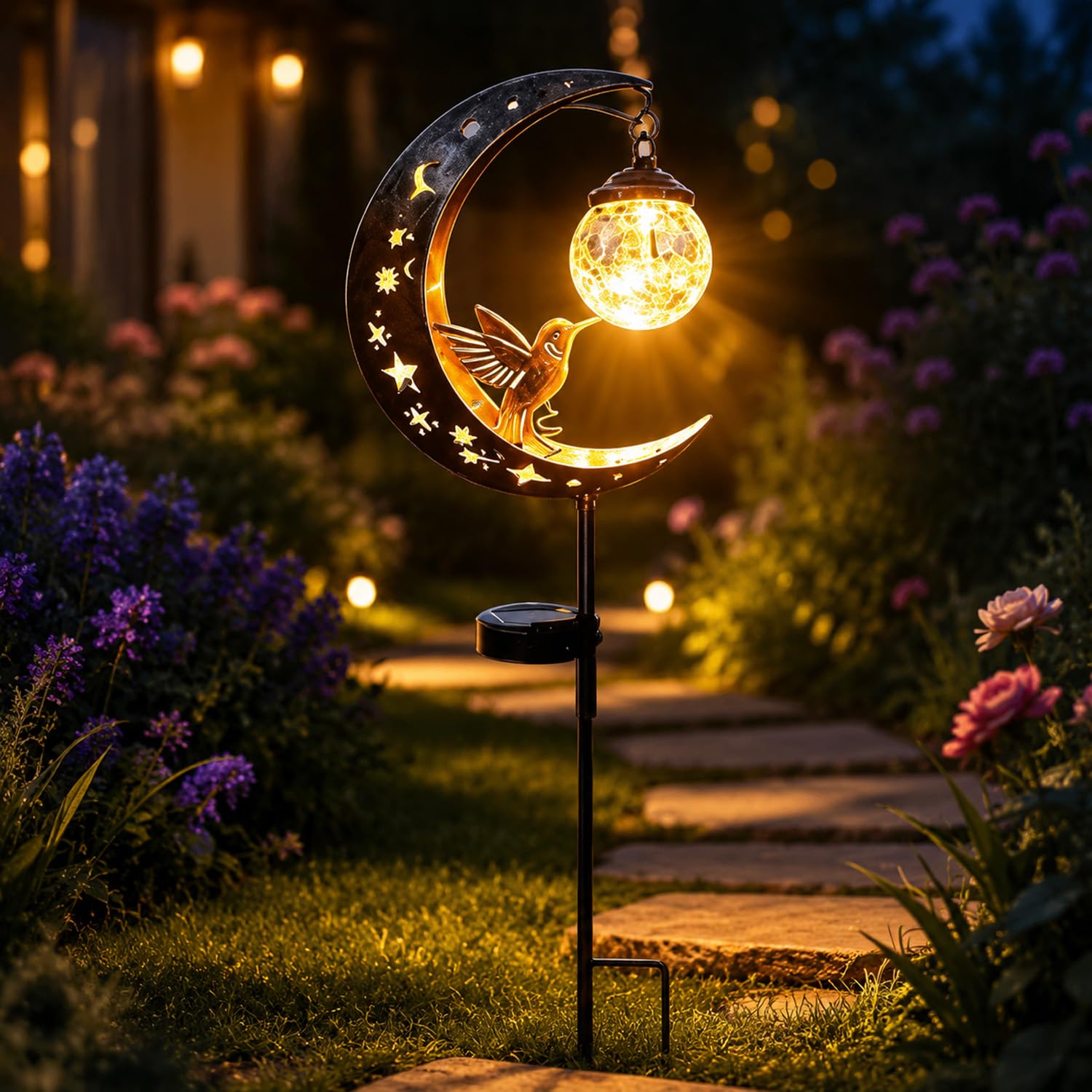 Hummingbird Moon Solar Garden Stake Light – Half Moon & Crackle Glass Outdoor Decor, Iron Hummingbird Solar Lights for Yard, Patio & Lawn, Auto On/Off Waterproof Pathway Light (Hummingbird Design)