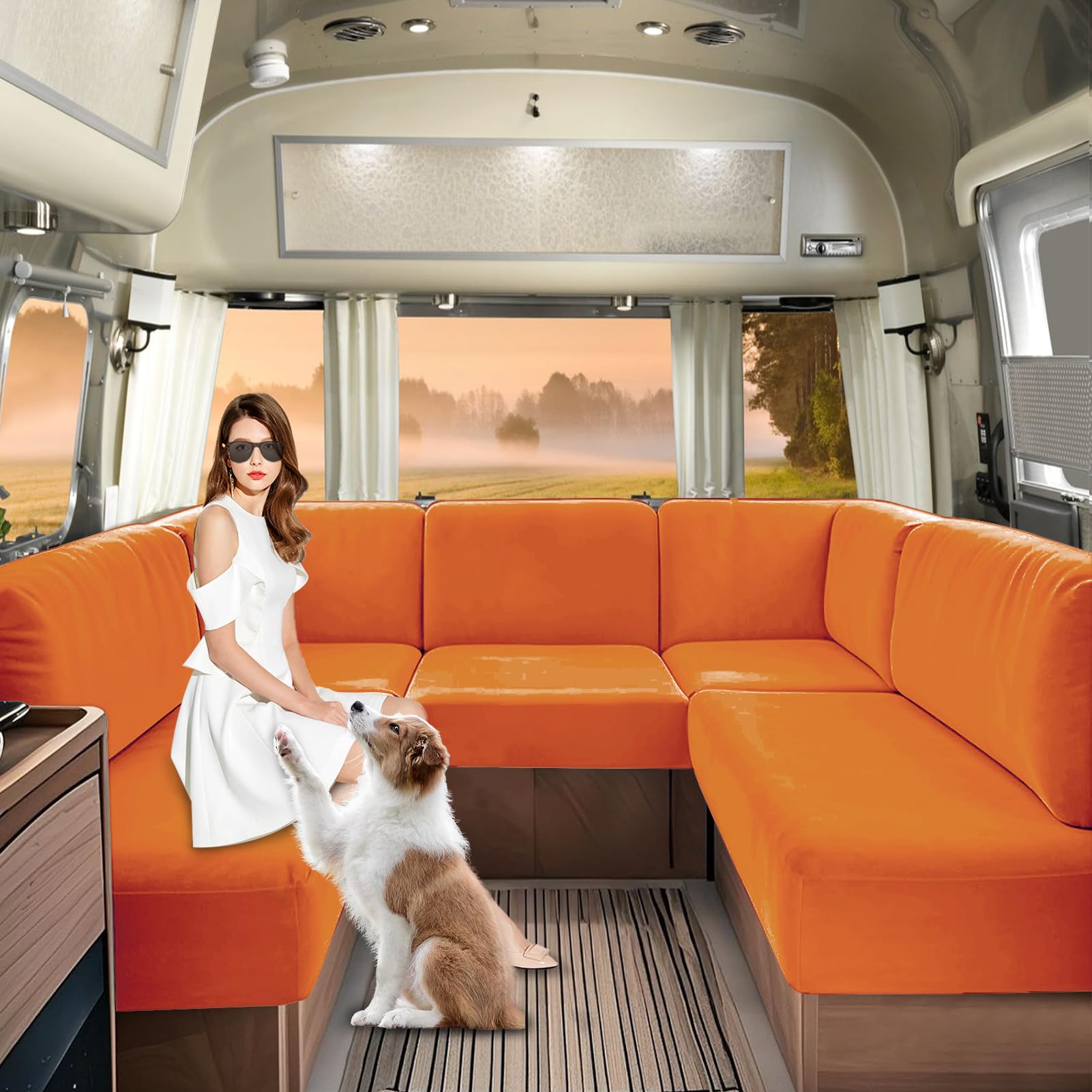 SHUOJIA Caravan Seat Covers Velvet, Motorhome Seat Cover with Elastic-band and Lacing, RV Sofa Cushion Cover for camper Washable（Orange-W90-130 cm,D70-90 cm）