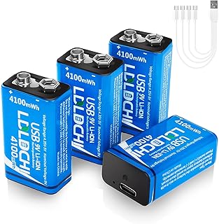 Rechargeable 9V Lithium Batteries 4100mWh with 4-in1 Charging Cable - 6F22 9 Volt Batteries 4 Pack, Over 500 Cycles, for Smoke Detector Alarms, Microphones, Guitar
