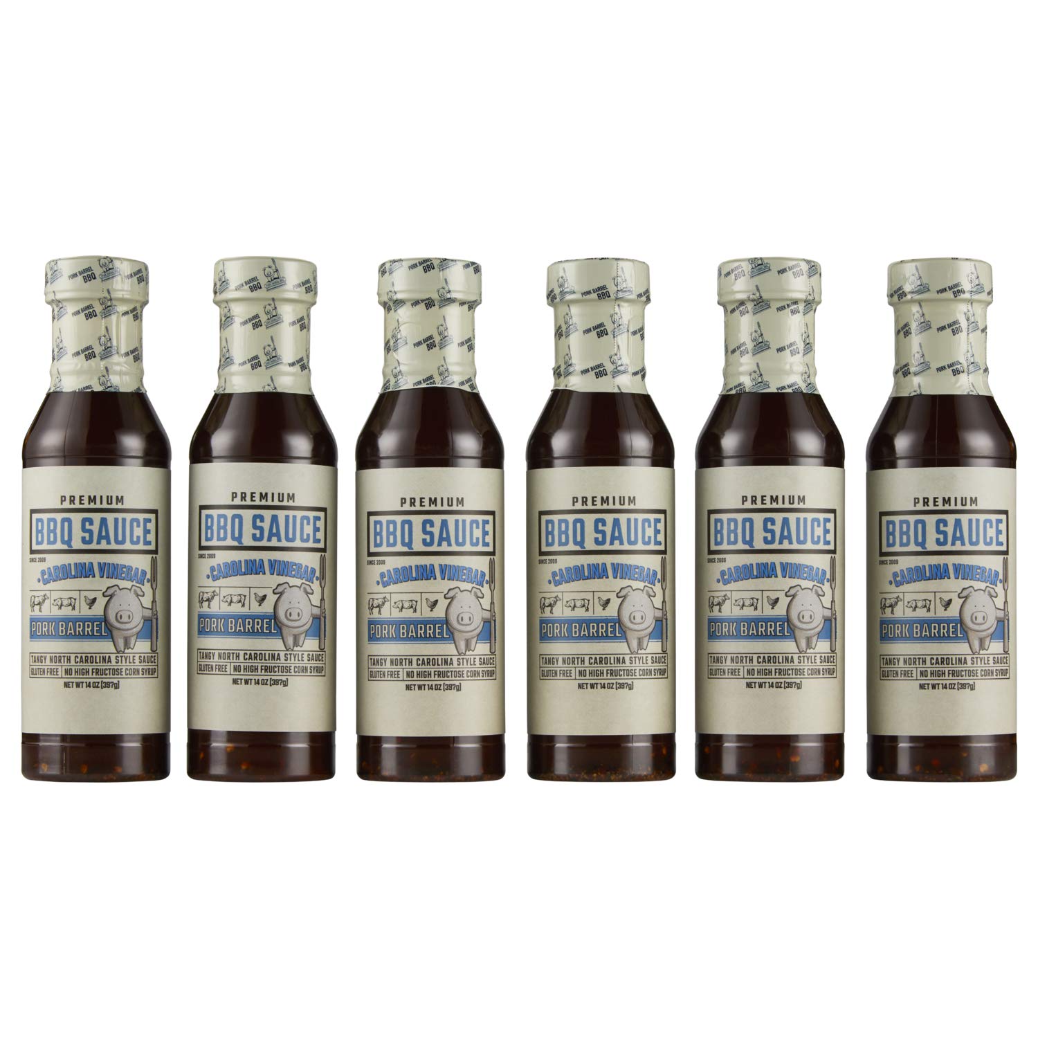 Pork Barrel Carolina Vinegar BBQ Competition Sauce, Tangy Nouth Carolina Style, Small Batch, No High Fructose Corn Syrup, Gluten-Free Sauce for Pork Butts, 14 oz - Pack of 6