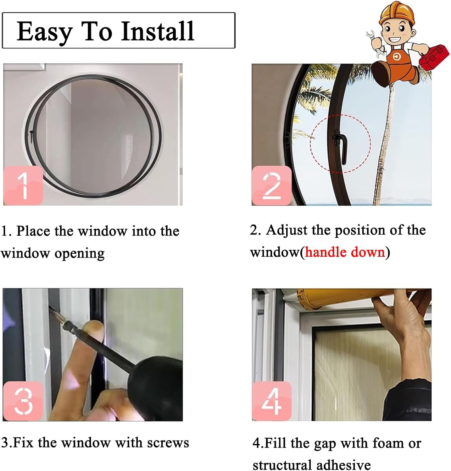 Round Rotating Glass Windows Aluminum Alloy Frame with Tempered Glass 360° Rotatable Ventilation Windows for Bathroom, Bedroom, Living Room