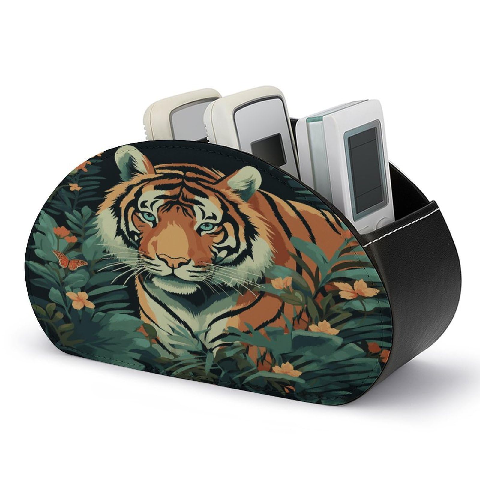 JTREHY - Butterfly Tiger Remote Control Holder 5 Compartments PU Leather Tray TV Storage Box Bedside Storage Organizer for