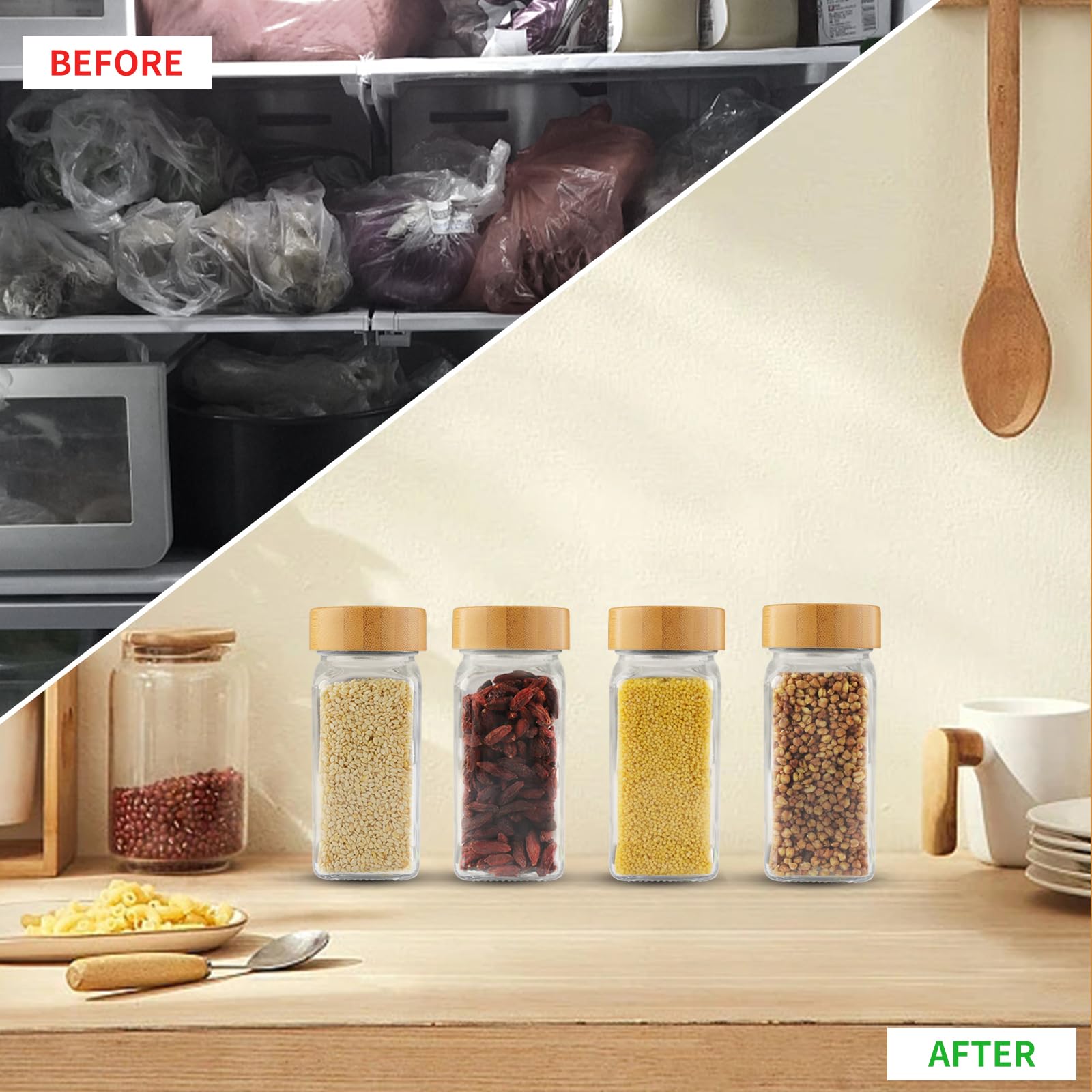 Pot à Épices en Verre et Bois, 12 Pièces Bocaux à Épices 120ml Boite à Épices Verre pour Cuisine Rangement avec Étiquettes Epices Tamis Entonnoir Brosse