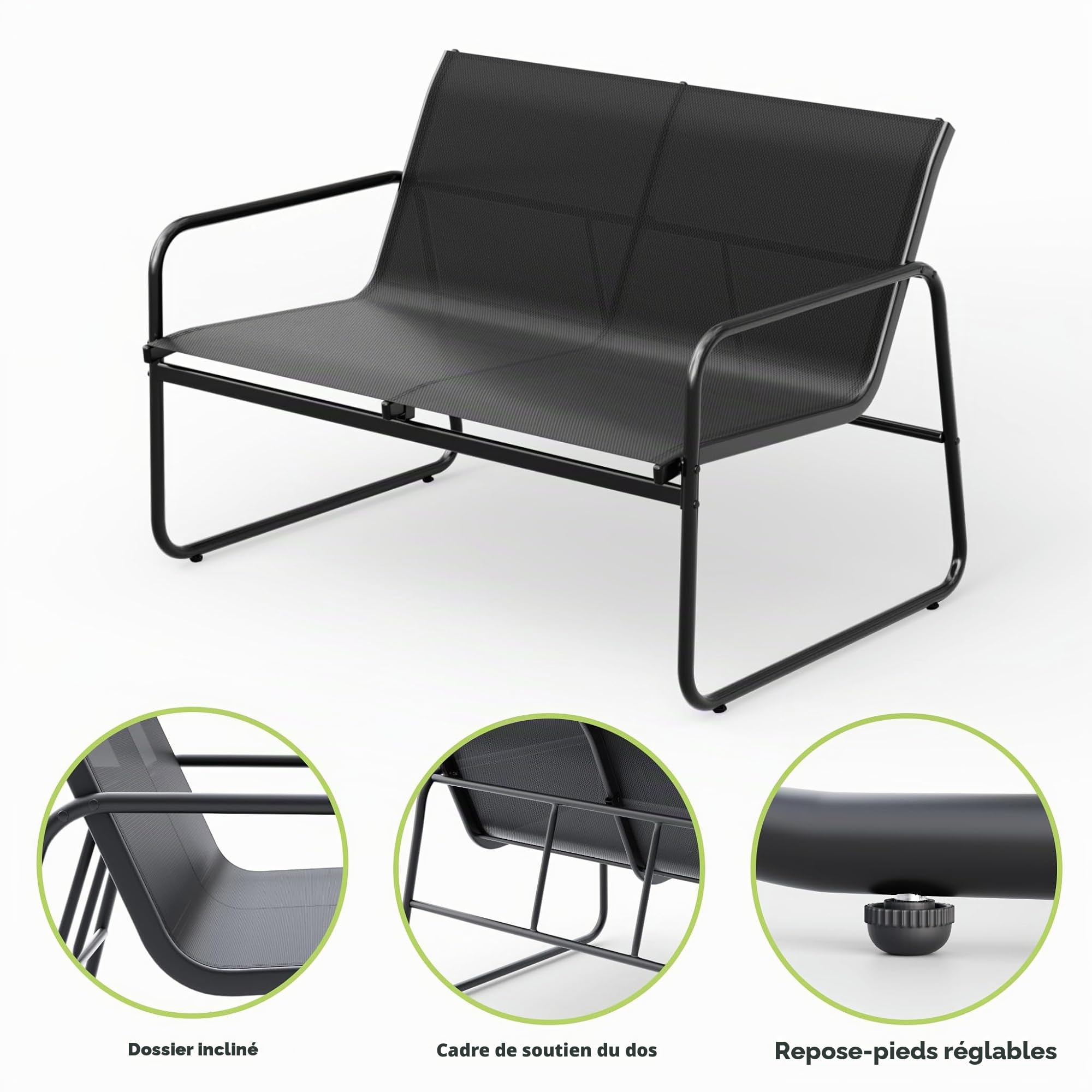 Mondeer Salon de Jardin Exterieur 4 Personnes, pour Terrasse Balcon (Noir) | Mobilier de Jardin avec 2 Places 2 fauteuils 1 Table Basse, Métal et Textilène