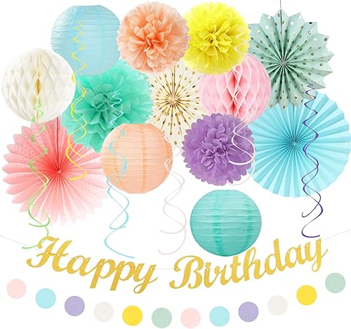 Miniatura 17 de Decoraciones de fiesta de cumpleaños verde salvia-rosa rubor-beige - 21 piezas pancarta Happy, faroles de papel crema rosa polvoriento claro, Verde