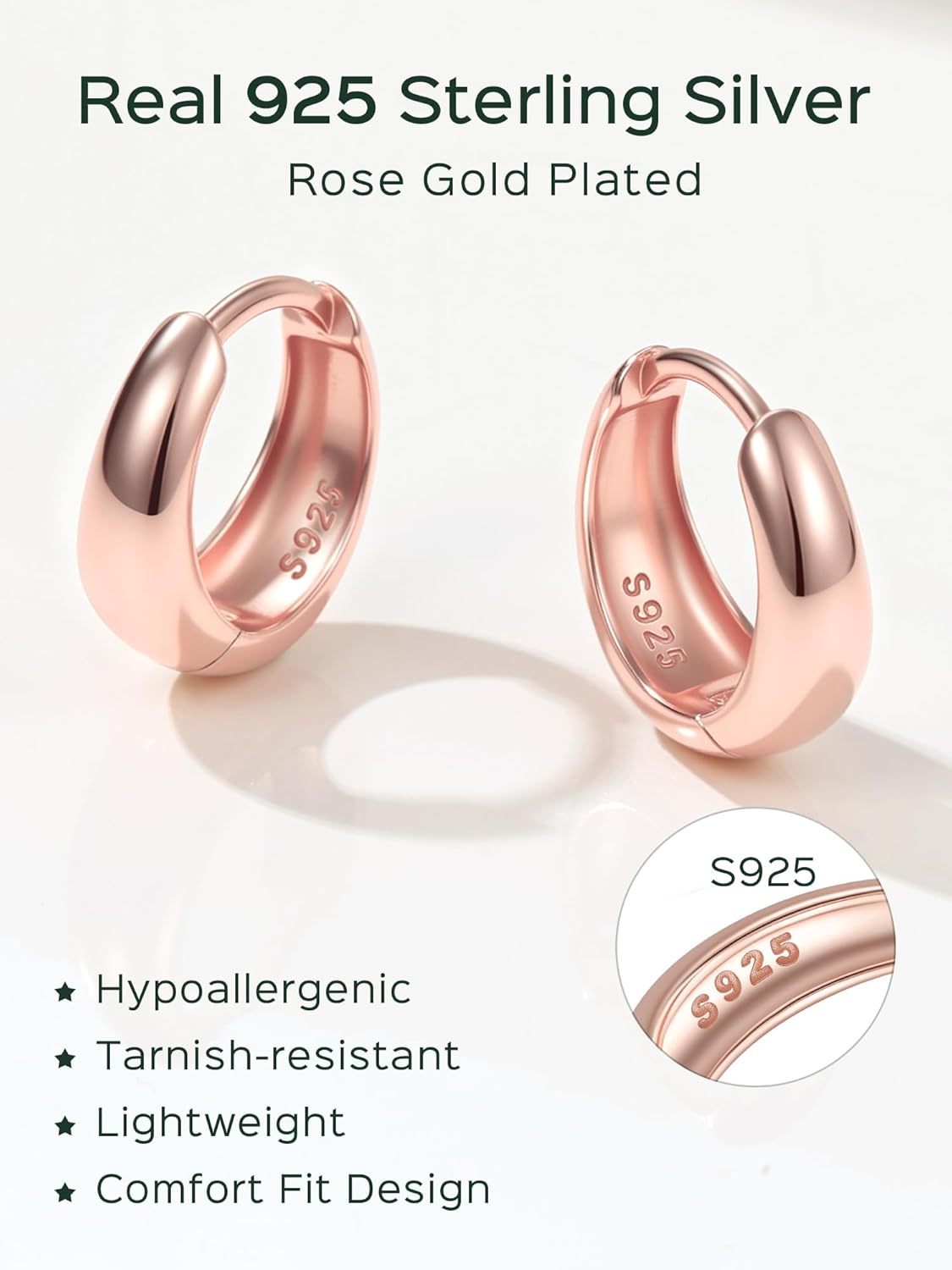 ChicSilver Solid 925 Sterling Silver Chunky Hoop Earrings for Women, Silver Small Thick Huggie Earrings Hypoallergenic Lightweight Silver Hoop Earrings for Sensitive Ears (8/10/12/14mm)