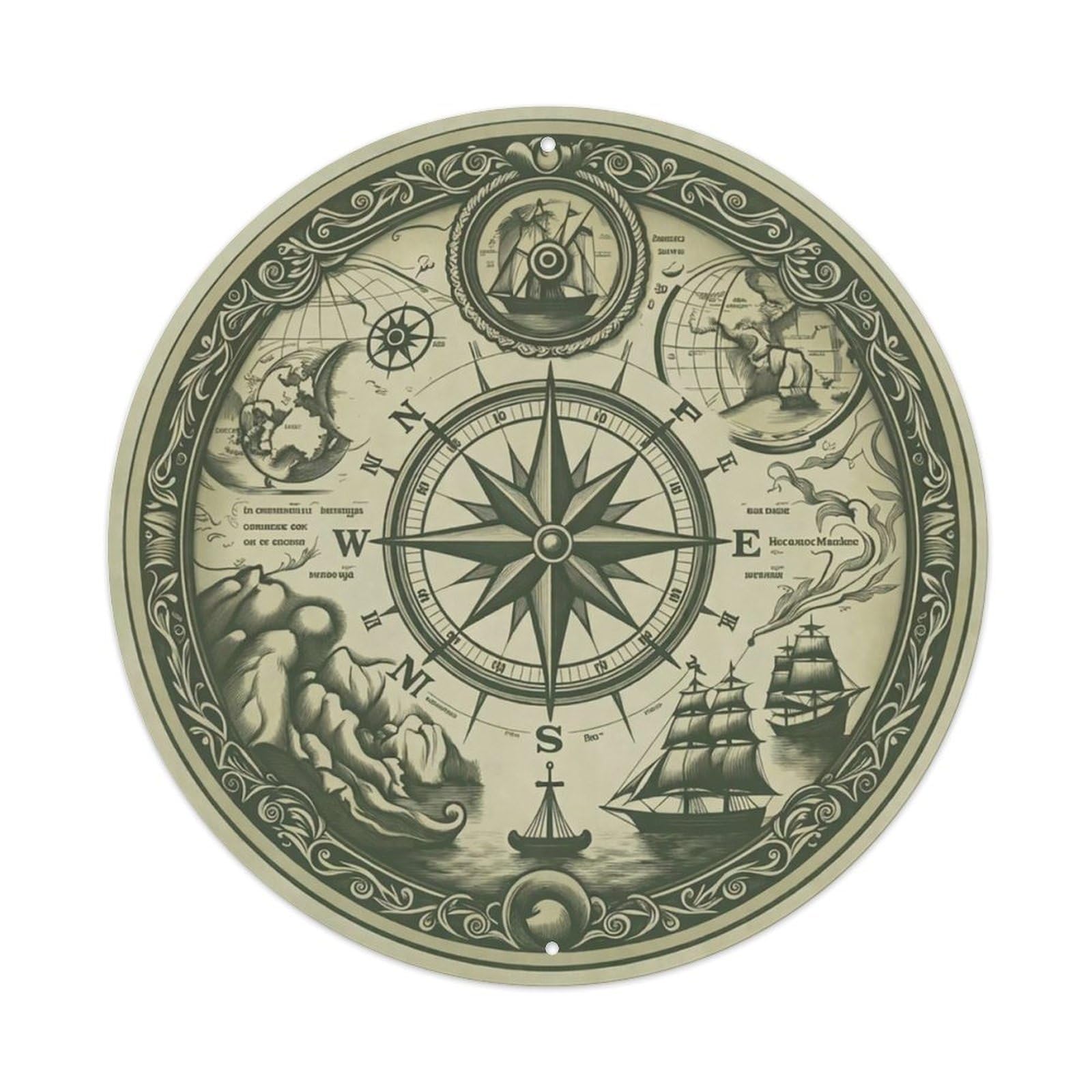 Vintage Nautical Compass World Map Coordinate Chronicle Metal Tin Sign