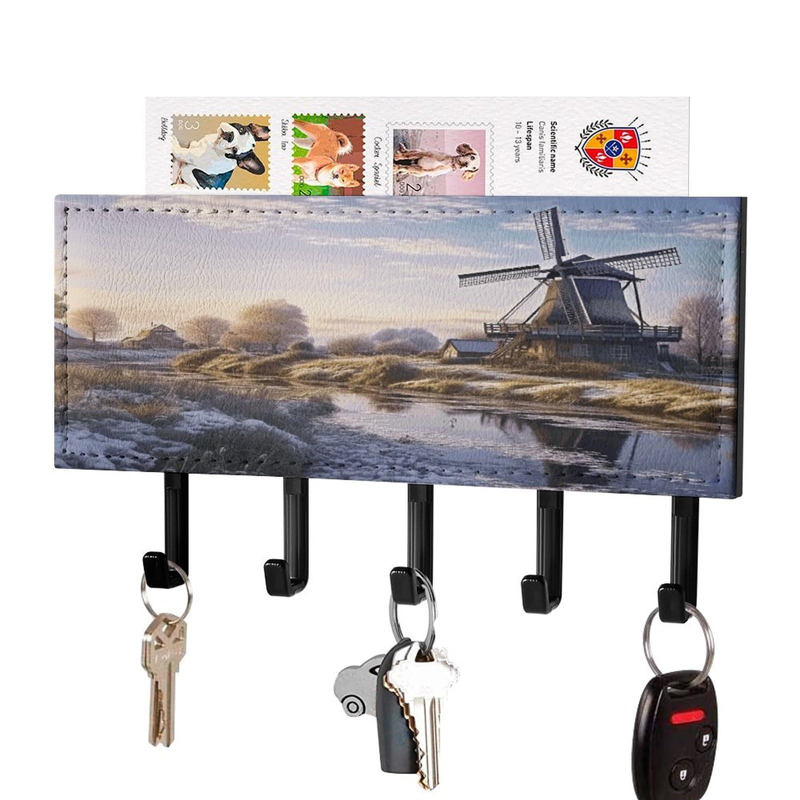 FekiLoot Landscape with A Traditional Windmill Key Holder for Wall Decorative Mail Organizer with 5 Key Hook Self Adhesive Key Rack with Tray Coat Rack Wall Mount Key Hanger Decor for Entryway Door