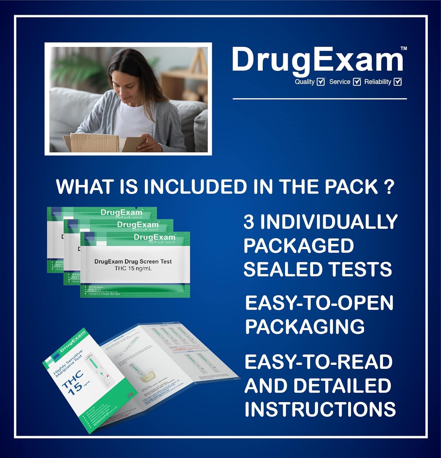 3 Pack - DrugExam Made in USA Most Sensitive Marijuana THC 15 ng/mL Single Panel Drug Test Kit - Marijuana Drug Test with 15 ng/mL Cutoff Level for Detecting Any Form of THC