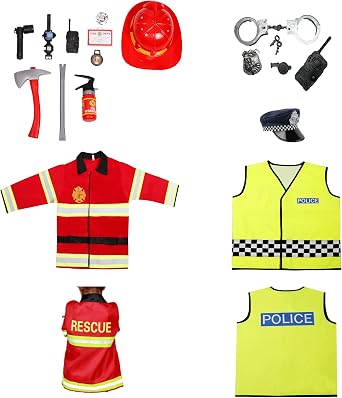 Matissa & Dad Kids Police and fireman Costume and toys set for Dress Up Pretend Play Complete Police Officer and firefighter Uniform Hat Badge world book day costumes for boys Boys Girls