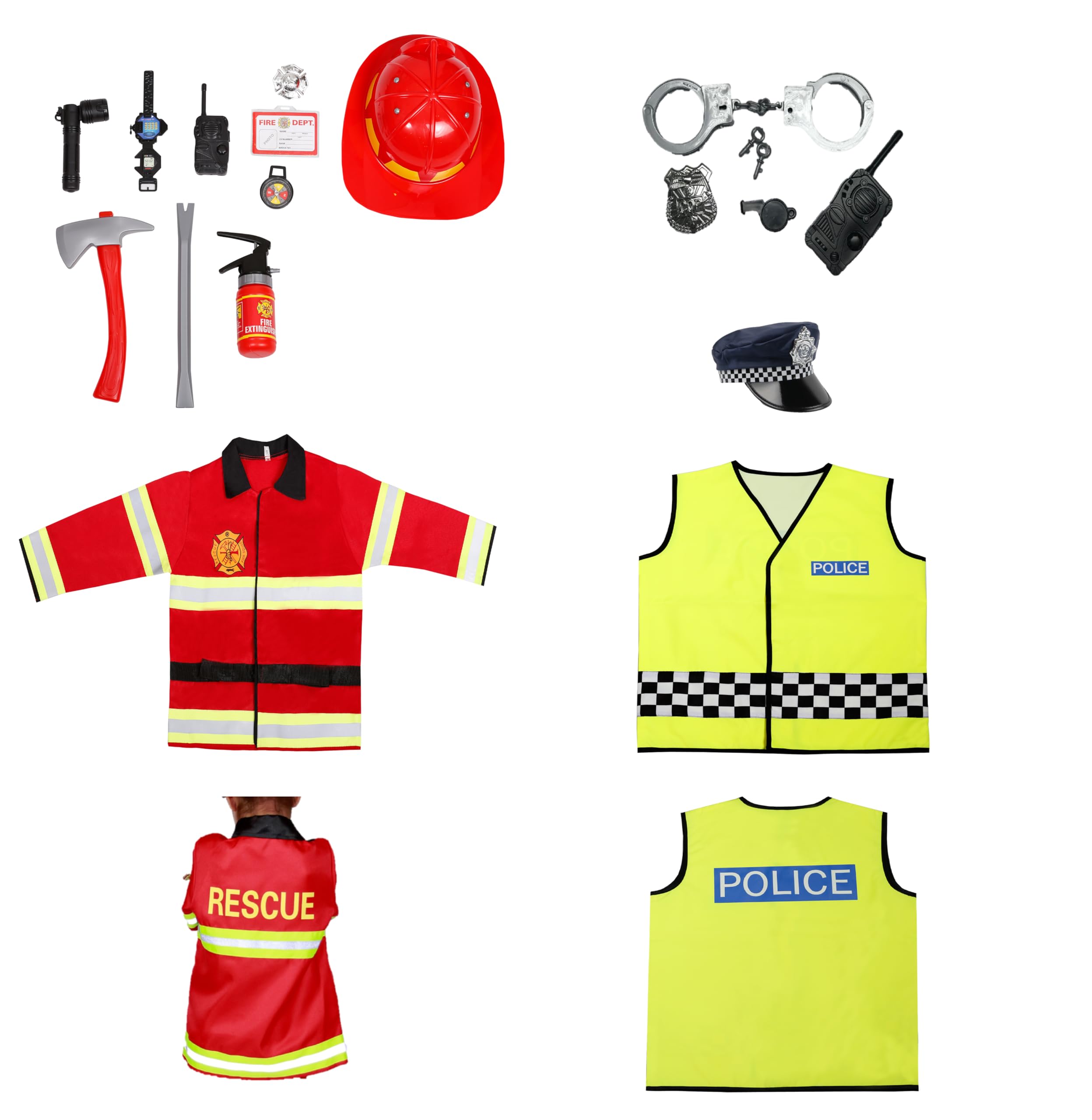 Kids Police and fireman Costume and toys set for Dress Up Pretend Play Complete Police Officer and firefighter Uniform Hat Badge world book day costumes for boys Boys Girls (X Large (9-12 Years)) โ image 1