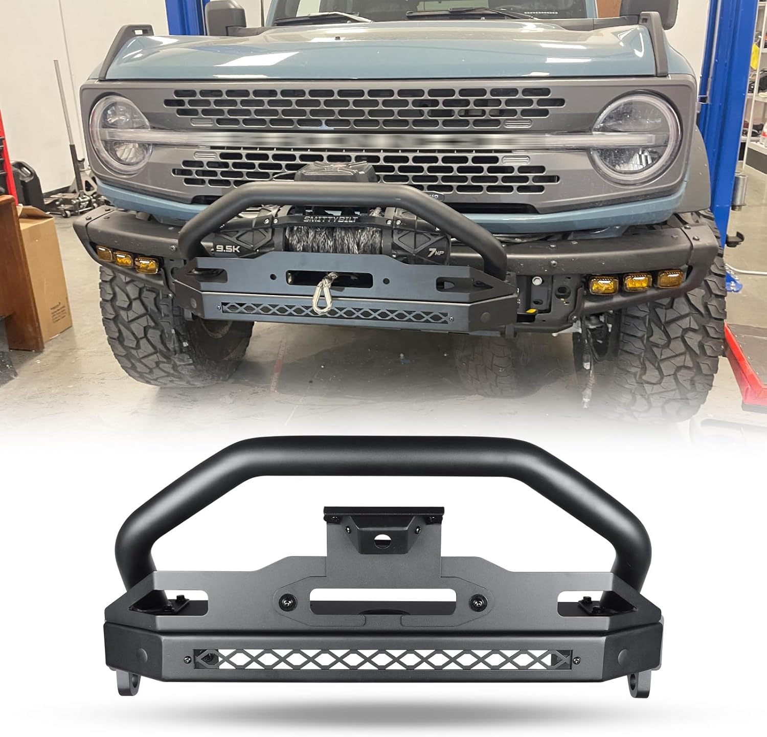 WOLFSTORM Winch Plate Fits for 2021 2022 2023 Ford Bronco (Not Fit for Bronco Sport), Off-Road Winch Mount Protector with Bullbar and Removable Front Camera Mount, 22″ Light Mount Tag