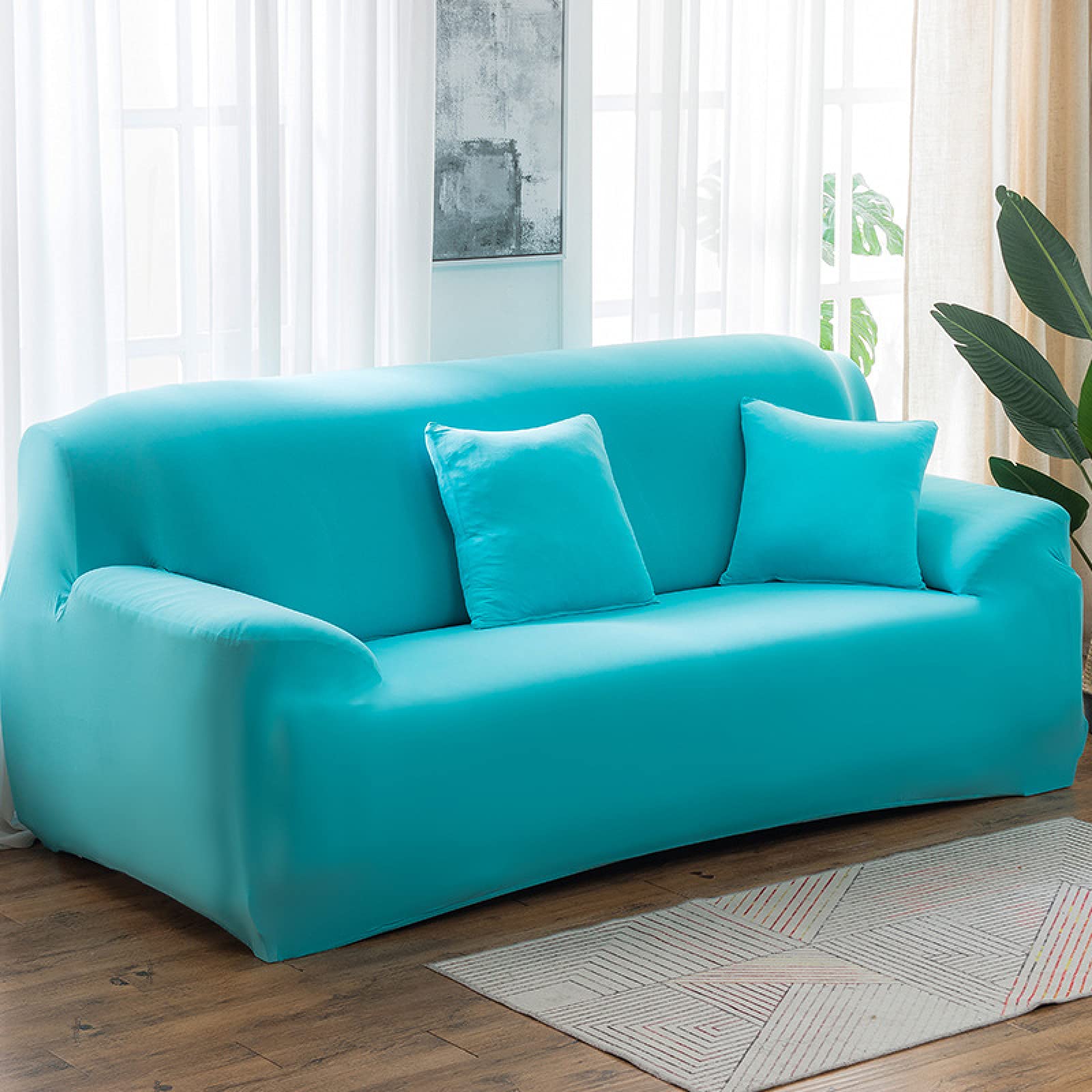 2 Seater Sofa Cover Sky Blue Stretch Sofa Covers Spandex Settee Covers 2 Seater Washable Sofa Protectors from Pets Non Slip Covers for Sofas All Seasons Couch Cover with Elastic Strap