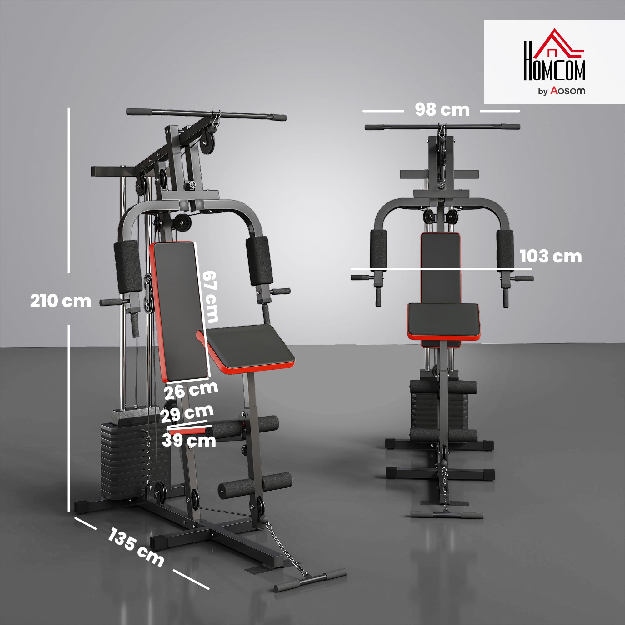 HOMCOM Multiestación de Musculación con Barra Pulldown, Press de Pecho, Prensa de Piernas, Banco Predicador, Placas de Peso 65 kg Máquina de Musculación para Entrenamiento Fitness en Hogar Gimnasio
