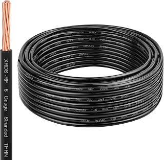 XRDS-RF THHN Wire 25FT, 6AWG Stranded Copper THHN Electrical Wire, Black Nylon-Coated Thermoplastic Insulated Cable for Indoor Conduit Wiring, 600V Rated