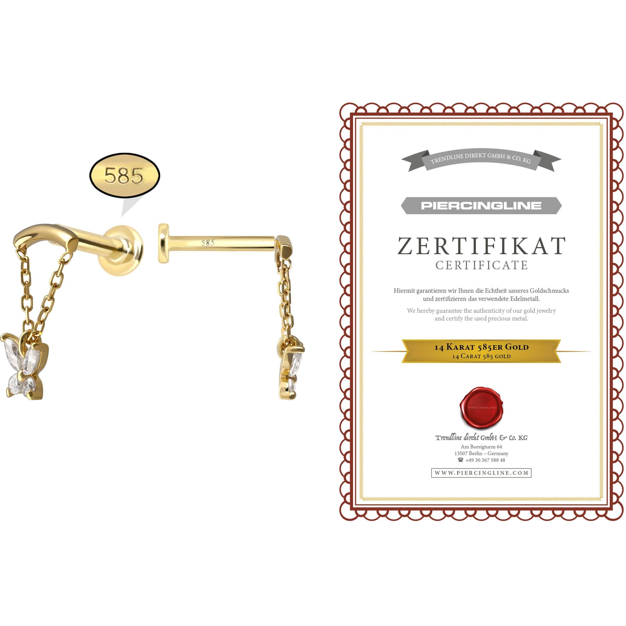 PIERCINGLINE Piercing Stecker 14 Gold Labret mit Innengewinde MOISSANIT-SCHMETTERLING + BOGEN + KETTE 585er Gold - Roségoldfarben, Goldfarben, Silberfarben