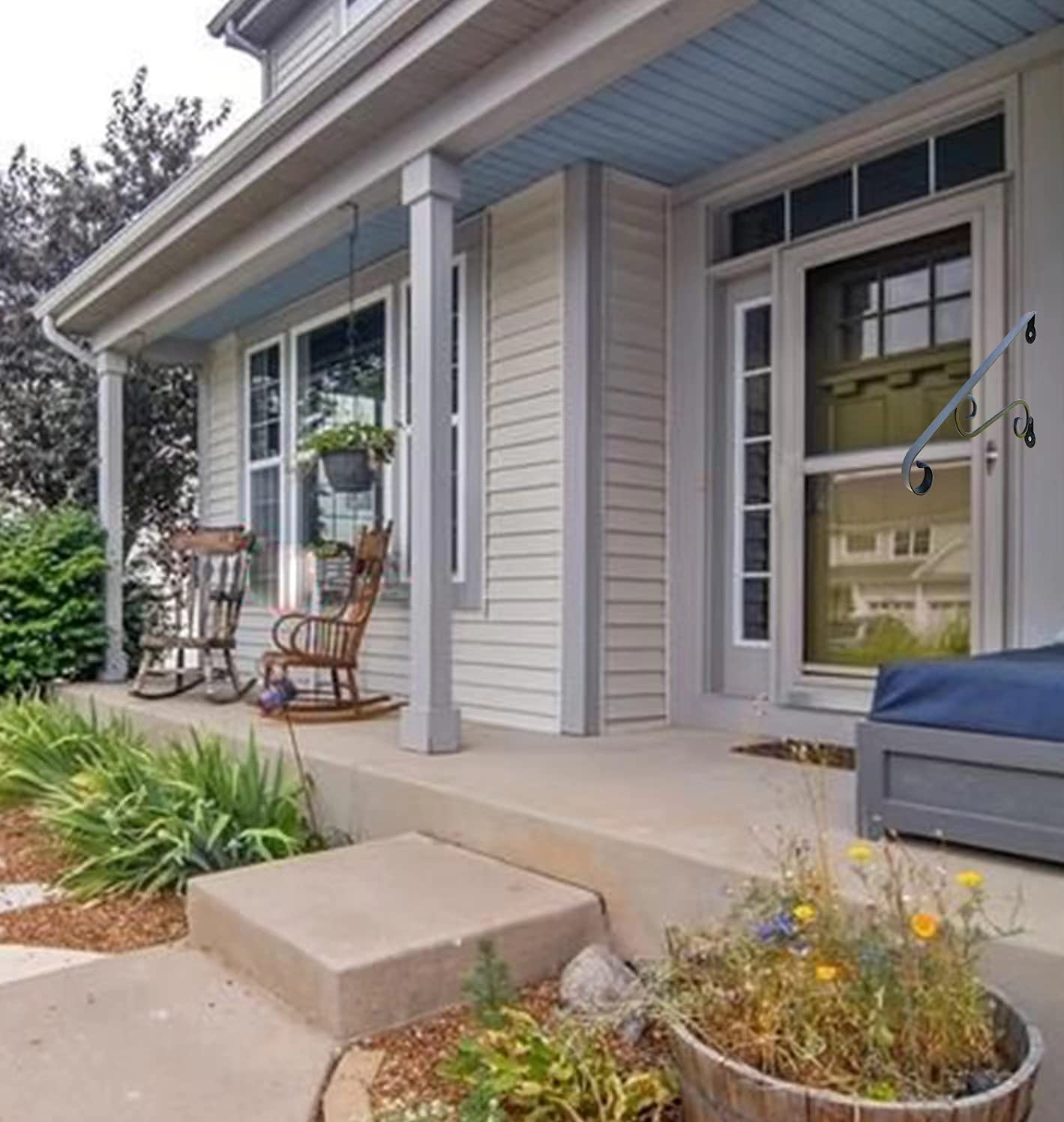 Eachome Wrought Iron Handrail Wall Mounted Hand Railing Fit for 1-2 Steps for Outdoor Porch Steps, Black