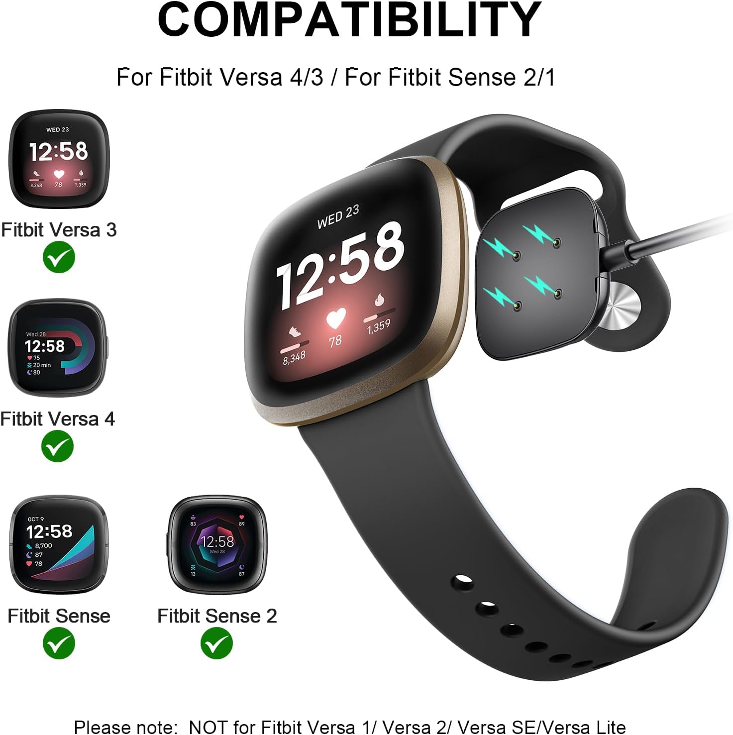 Charger for Fitbit Sense/Sense 2/Versa 3/Versa 4, Replacement Charging Cable Magnetic Dock Stand for Fitbit Sense 1/2, Versa 3/4 Smartwatch (USB Type A)