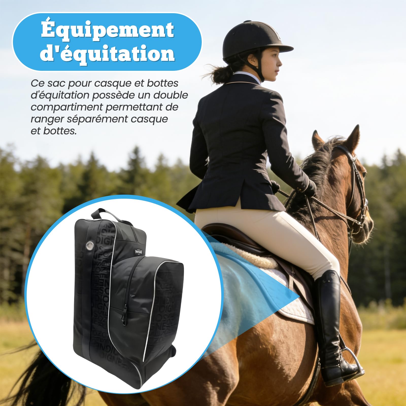 Pack Équestre, Sac de Transport Grande Capacité pour Bottes d'Équitation, Rangement Équestre en Tissu Oxford, Sac à Bottes Hautes avec Poignée pour Sport/Maison/Compétition/Équitation, Total Noir