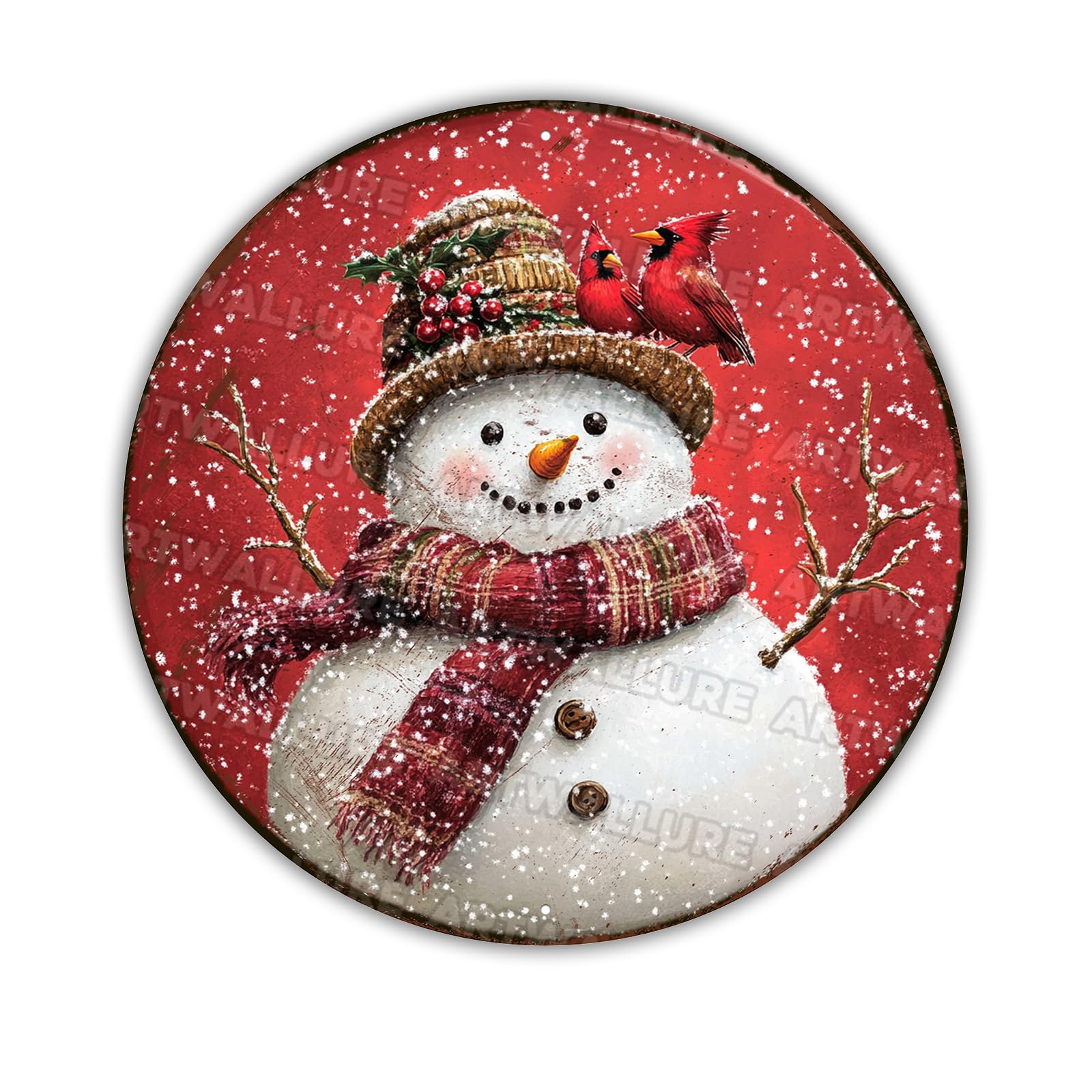 Vintage Snowman and Red Bird Wreath Sign - Christmas Round Aluminum Decor for Front Door, Porch and Indoor Holiday Displays 8x8Inch