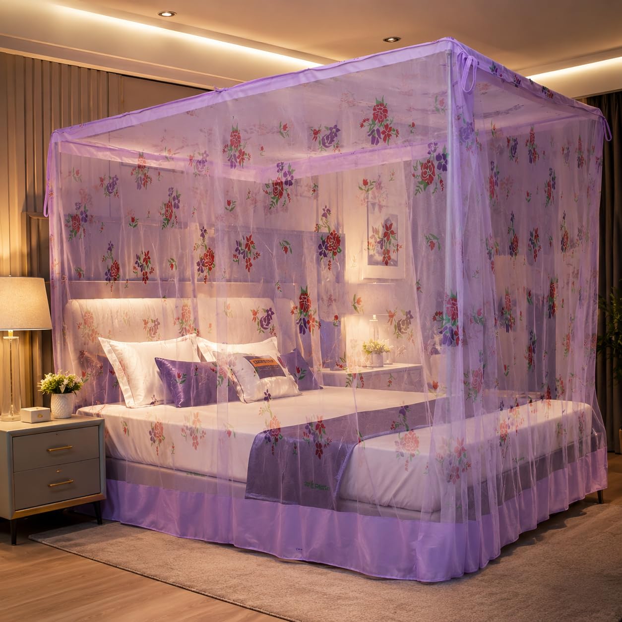 EMBOSSED Luxury Mosquito Net for Bed Double to King Size Bed |Cotton Mosquito Net| Finest Mesh – 300 Holes per Square Inch, Purple 7x8-image-45