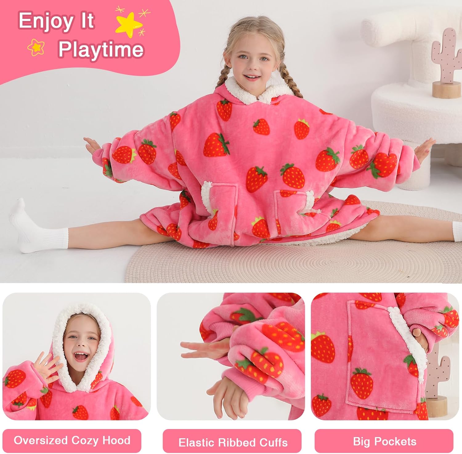 Kipswiza Strawberry Blanket Hoodie for Kids, Oversized Soft Sherpa Fleece Wearable Blankets Sweatshirt Gifts for Girls Mom's Daughter - Image 4