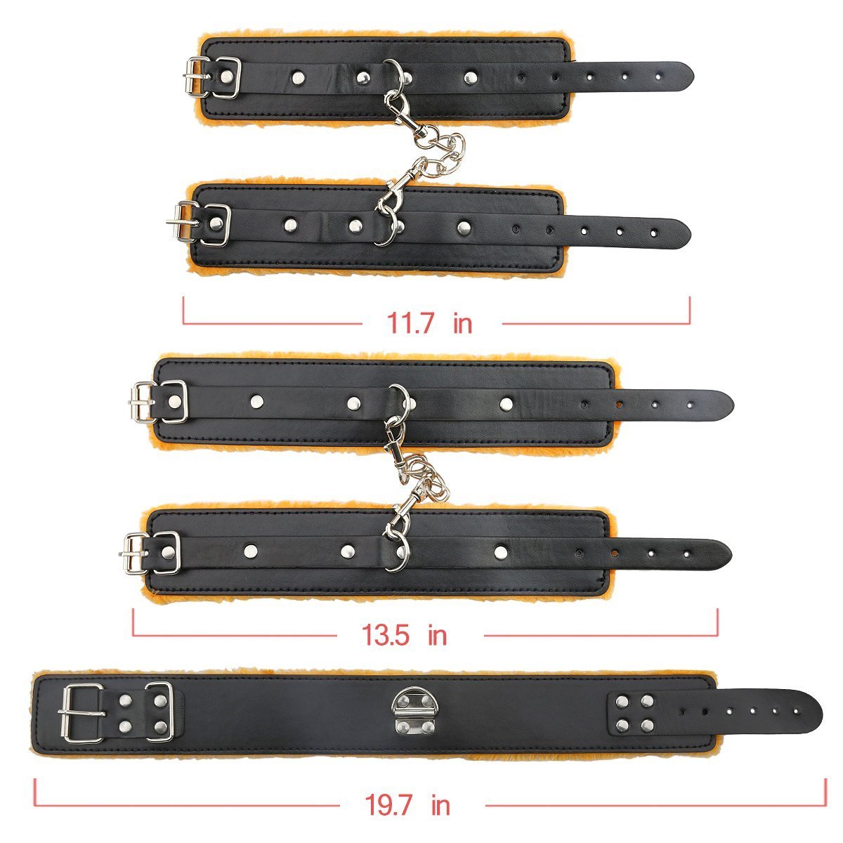 BONDAGERIE® Kit Completo di Accessori Orange in Pelle Vegana per Coppia, dieci pezzi, Manette Cavigliere Frustino Collare guinzaglio corda gàgball, sacco in raso