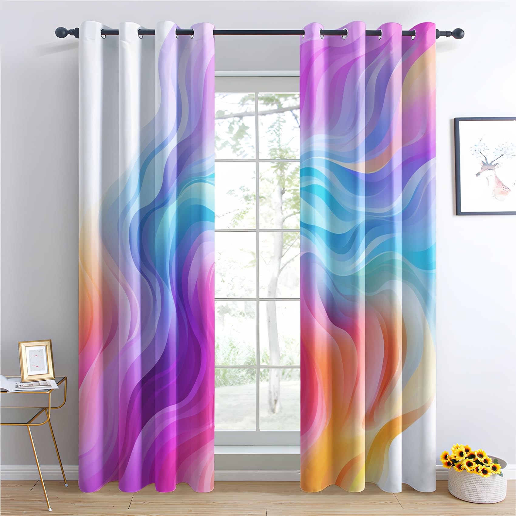 Vorhänge Bunt Abstrakt Motiv, Vorhang Blickdicht Verdunklungsvorhänge Thermovorhang mit Ösen, Gardinen Wohnzimmer Schlafzimmer Fenster, 2er Set Curtains, H 245 x B 140 cm