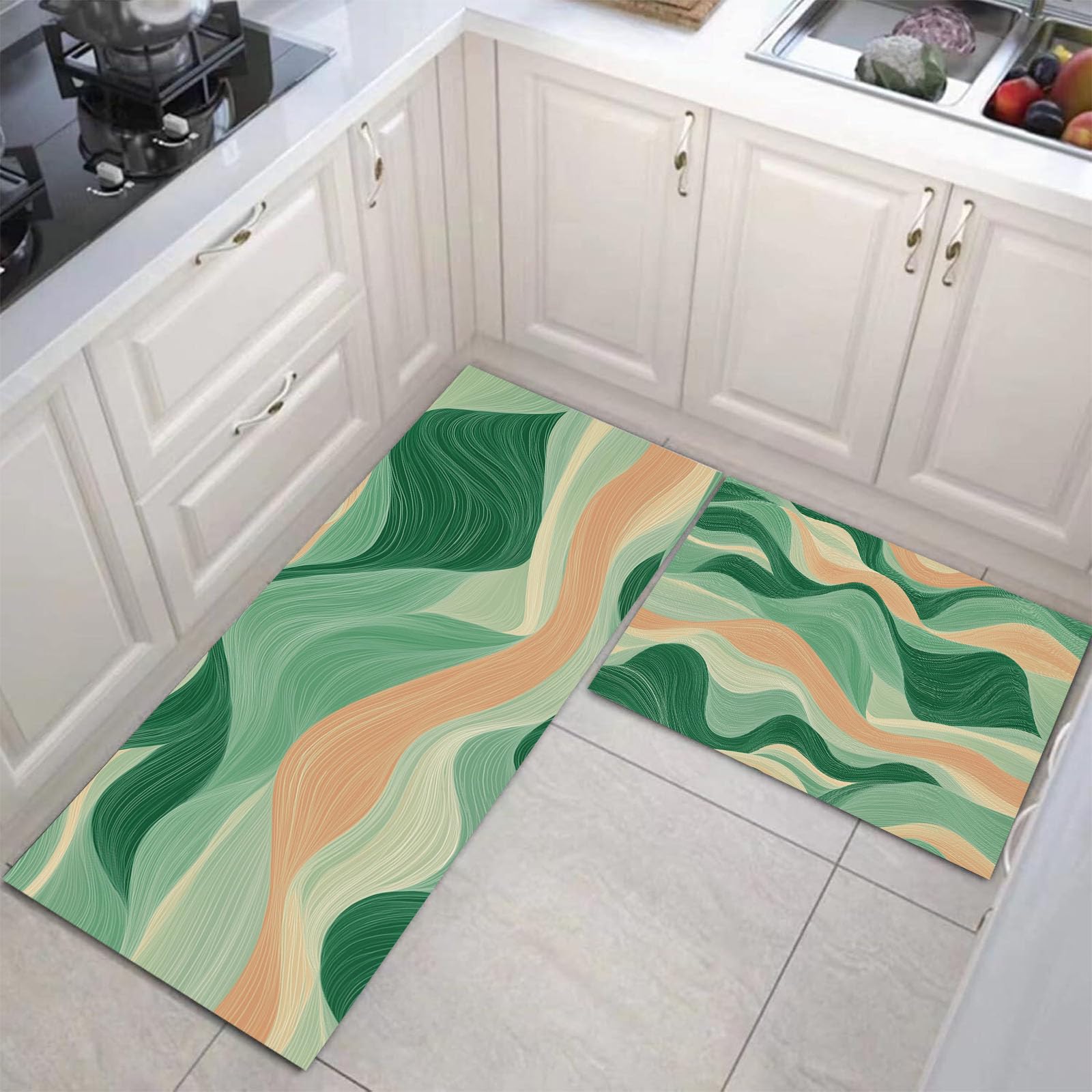 Tapis de cuisine antidérapant lot de 2 vert émeraude 40x60 et 40x120 cm lavable
