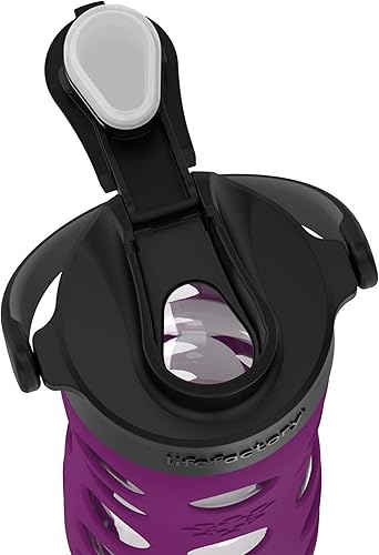 Miniatura 5 de Lifefactory Botella de agua de vidrio de 16 onzas con tapa abatible activa y funda protectora de silicona, color ciruela